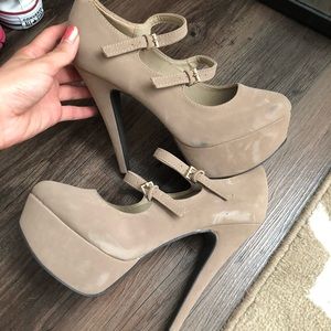 👠 [Qupid] Double Strapped Platform Heels - Tan